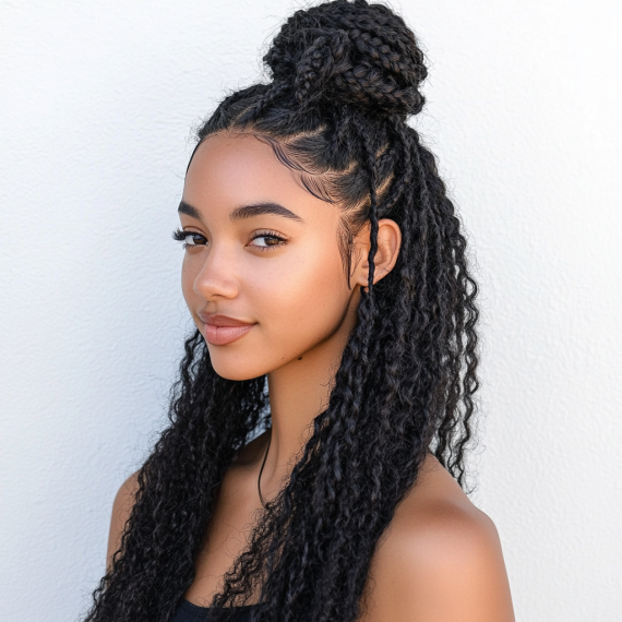 Best Easy Half Wig Hairstyles - High Bun with Boho Braids.png